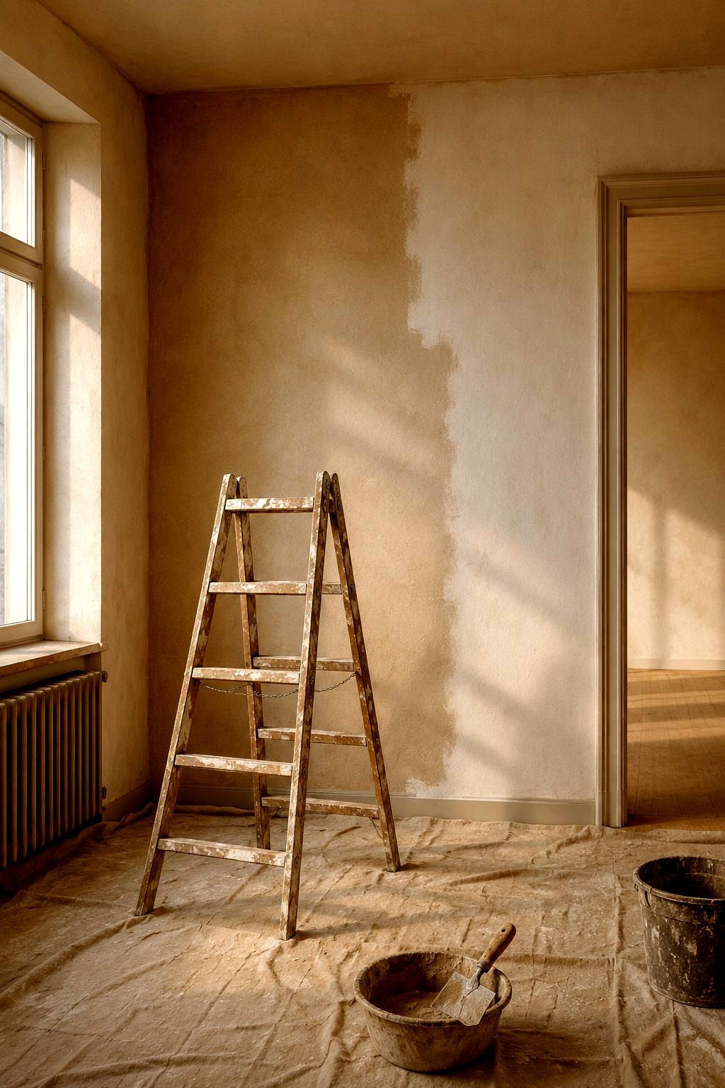 Malerleiter und abgedeckter Boden vor einer halb gestrichenen Wand