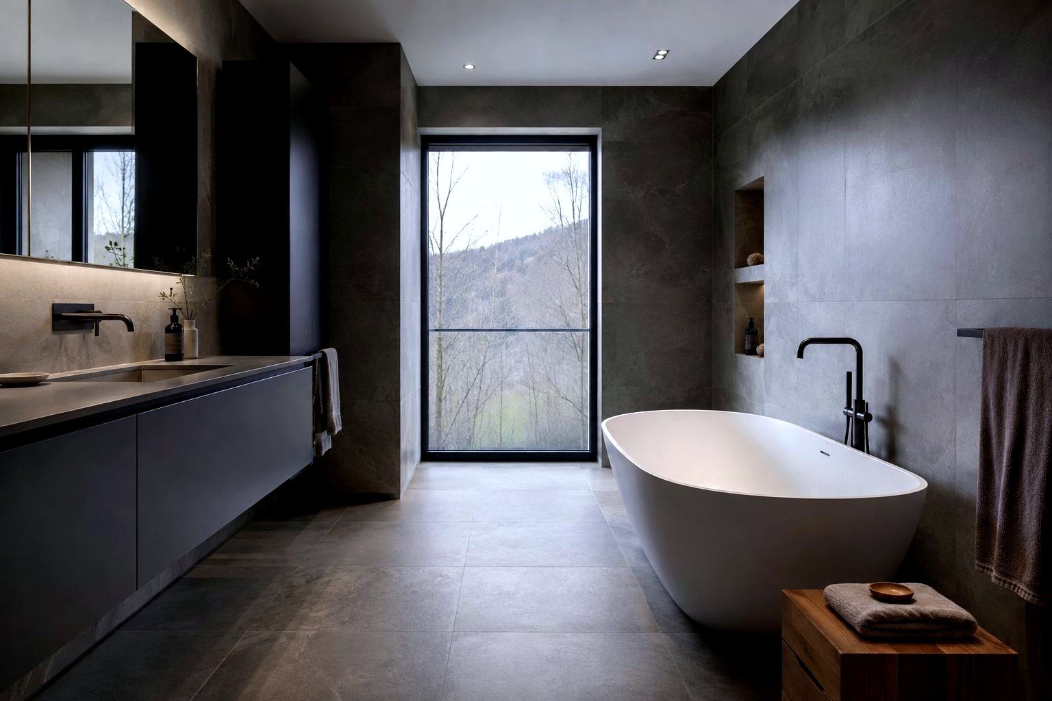 Renoviertes Badezimmer mit freistehender Badewanne und grossformatigen grauen Platten