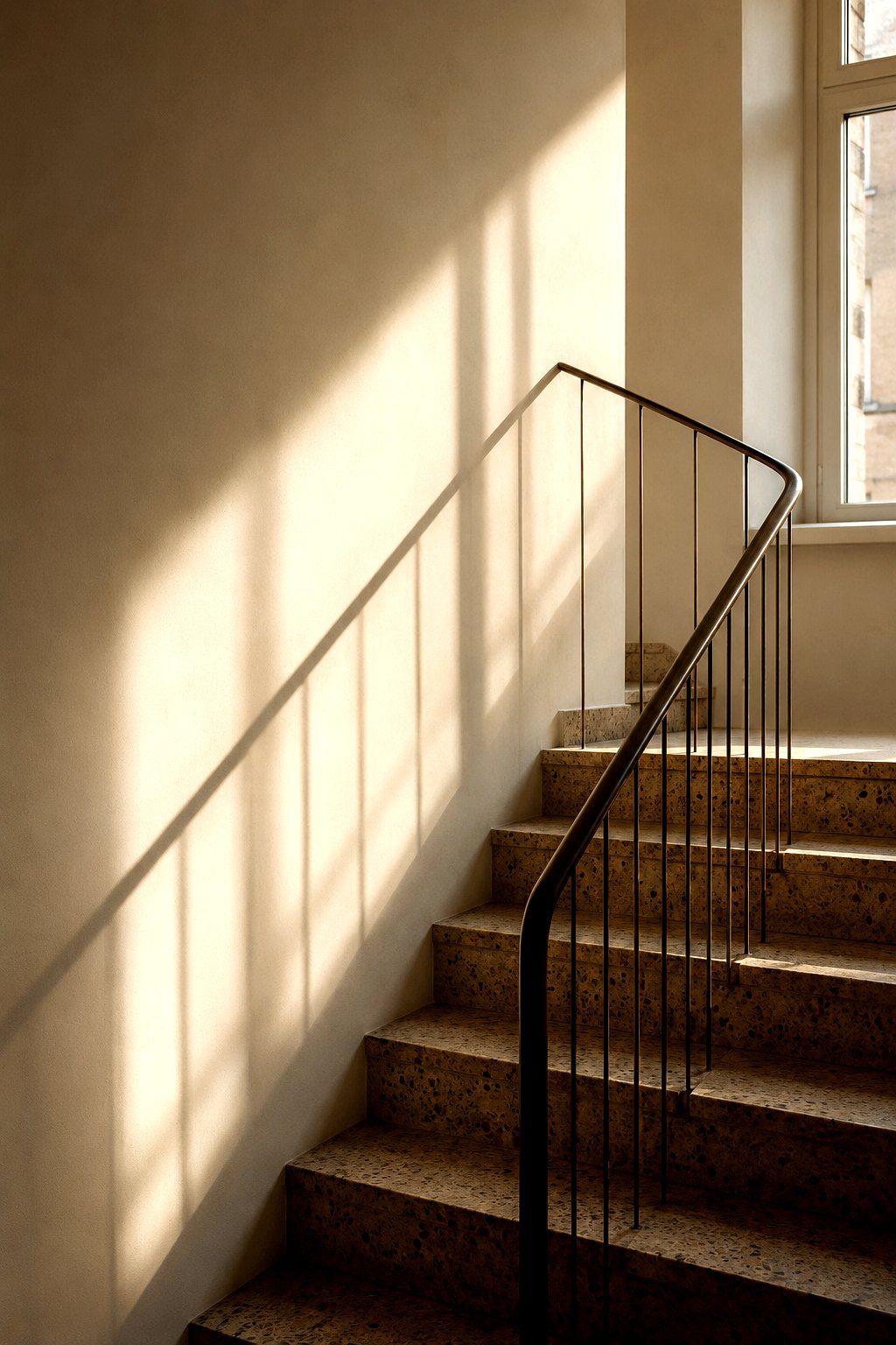 Frisch gestrichenes Treppenhaus mit Terrazzostufen und Handlauf-Schattenlinien an der Wand
