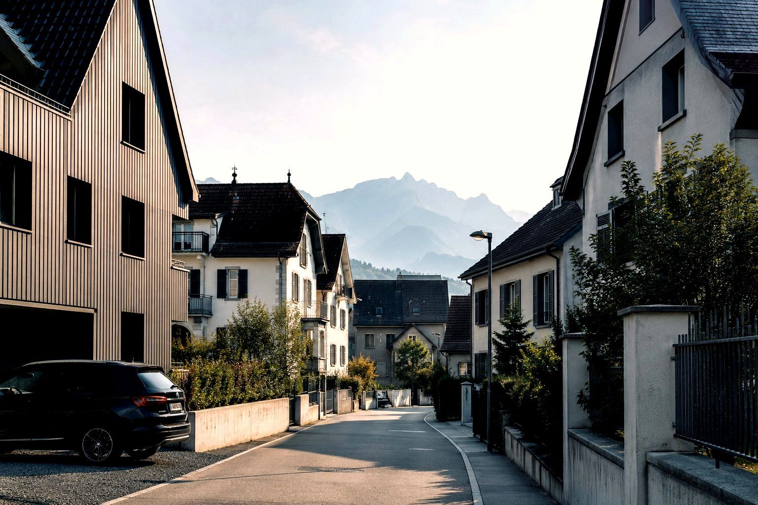 Ruhige Wohnstrasse in einer Gemeinde bei Luzern, dahinter Bergsilhouette im Dunst